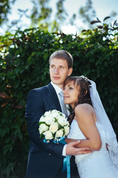 Noiva e noivo no dia do casamento andando ao ar livre na natureza de primavera. Casal nupcial, casal recém-casado feliz abraçando no parque verde . — Fotografia de Stock