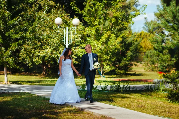 新娘和新郎在婚礼当天到户外散步在春天自然。新婚夫妇，幸福的新婚夫妇在绿色公园深情相拥. — 图库照片