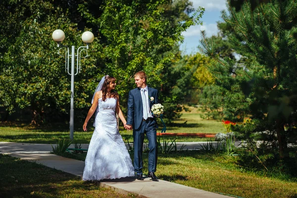 Novia y novio en el día de la boda caminando al aire libre en la naturaleza de primavera. Pareja nupcial, feliz pareja recién casada abrazándose en el parque verde . —  Fotos de Stock