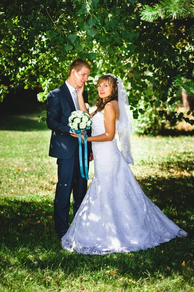 Gelin ve damat gün açık havada yürüyüş düğününde Doğa bahar. Gelin çift, mutlu yeni evli çift yeşil park kucaklayan. — Stok fotoğraf