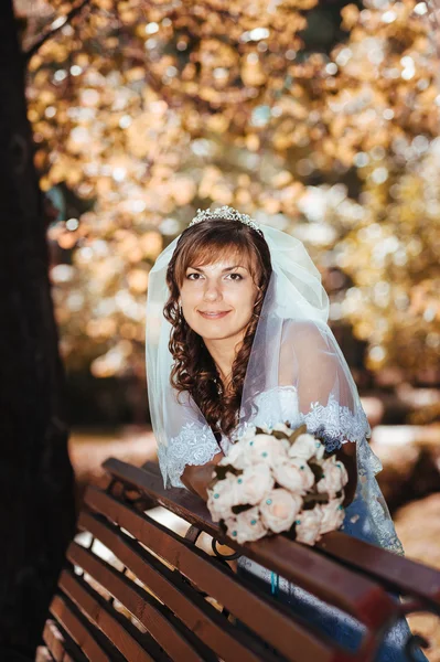 Ritratto di una bella sposa sorridente in posa nel giorno del suo matrimonio — Foto Stock