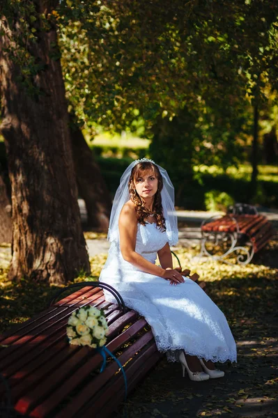 Portret pięknej narzeczonej uśmiechający się pozowanie w dniu ślubu — Zdjęcie stockowe