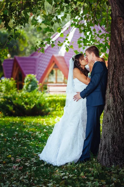 Nevěsty a ženicha na svatební den chůze venku na jarní přírody. Svatební pár, Happy novomanželský pár objímat v parku. — Stock fotografie