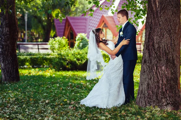 Sposo e Sposo al matrimonio Giorno camminando all'aperto sulla natura primaverile. Coppia nuziale, Felice coppia di sposi che si abbraccia nel parco verde . — Foto Stock