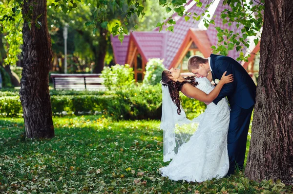 Menyasszony és a vőlegény az esküvő nap séta kint a tavaszi természet. Nászutas pár, boldog Newlywed pár átfogó zöld park. — Stock Fotó