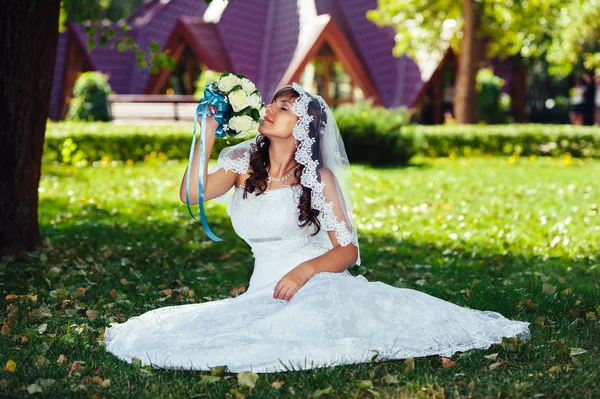Portré egy szép mosolygó menyasszony esküvője napján pózol — Stock Fotó