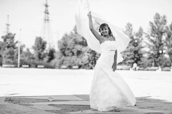 Retrato de una hermosa novia sonriente posando en el día de su boda — Foto de Stock