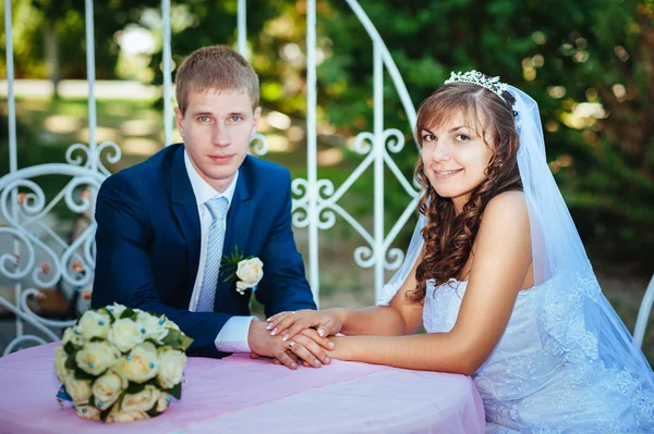 Sposo e sposo in posa al tavolo da banchetto decorato nel parco estivo  . — Foto Stock