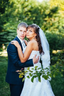 Gelin ve damat gün açık havada yürüyüş düğününde Doğa bahar. Gelin çift, mutlu yeni evli çift yeşil park kucaklayan.