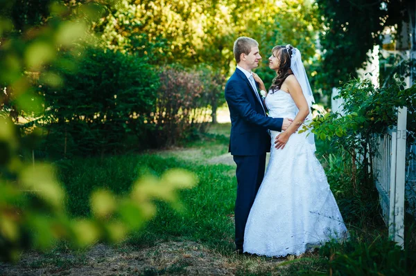 Bruden och brudgummen på bröllop dag promenader utomhus på vår natur. Brudparet, lycklig nygift par omfattar i grön park. — Stockfoto