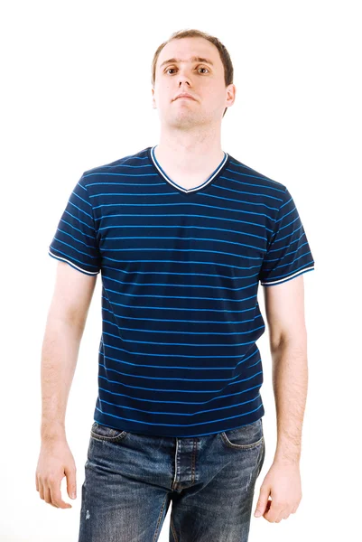 Jovem com camisa de pólo azul em um fundo branco — Fotografia de Stock