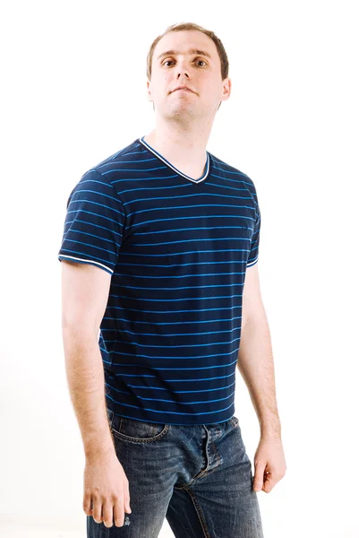 Young man with blue polo shirt on a white background — Stock Photo, Image