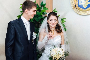 Düğün töreni. Kayıt ofisi. Bir yeni evli çift evlilik belgesi imzalar.