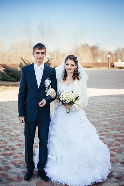 Elegant bride and groom posing together outdoors on a wedding day — Stock Photo, Image