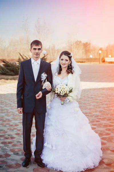 Novia elegante y novio posando juntos al aire libre en un día de boda — Foto de Stock