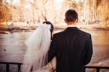 Gelin ve damat Gölü kıyısındaki bir parkın içinde sarılma. Düğün denizin kenarında. Balayı.