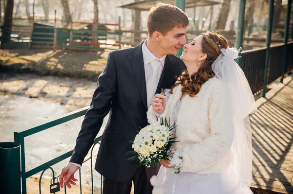 Gli sposi che si abbracciano sulla riva del lago in un parco. Matrimonio in riva al mare. Luna di miele . — Foto Stock