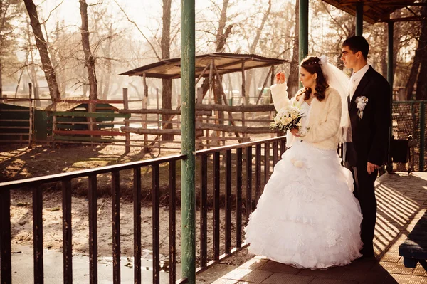 The bride and groom hugging on shore of Lake in a park. Wedding by the sea. Honeymoon. — Stock Photo, Image