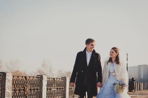 Gli sposi che si abbracciano sulla riva del lago in un parco. Matrimonio in riva al mare. Luna di miele . — Foto Stock