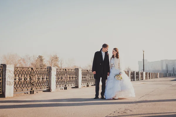 Das Brautpaar, das sich am Ufer des Sees in einem Park umarmt. Hochzeit am Meer. Flitterwochen. — Stockfoto