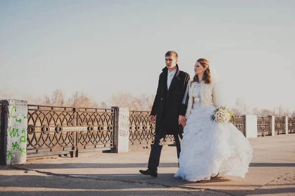 Gli sposi che si abbracciano sulla riva del lago in un parco. Matrimonio in riva al mare. Luna di miele . — Foto Stock