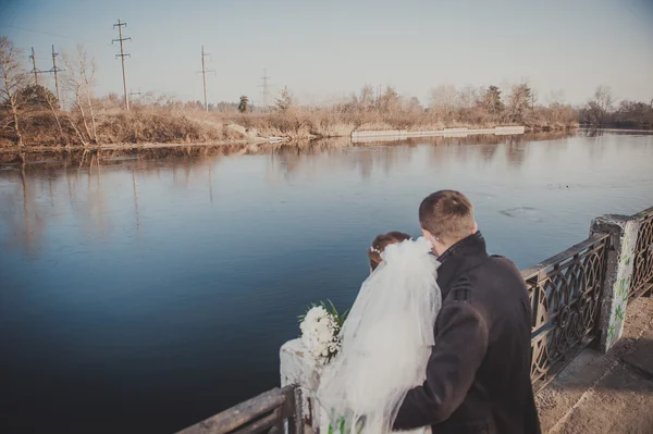 公園内の湖のほとりに抱いて新郎新婦。海での結婚式。新婚旅行. — ストック写真