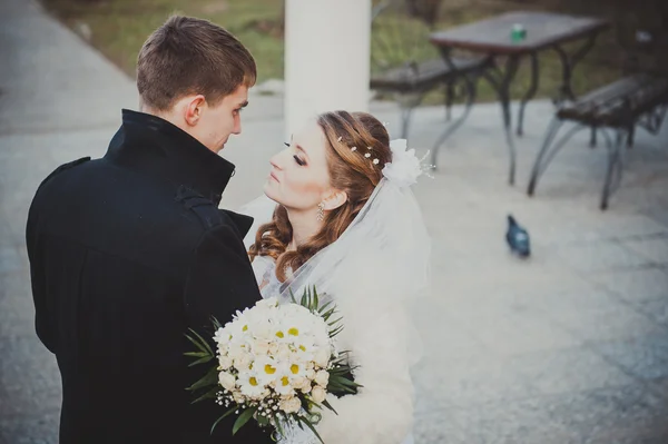 Şık gelin ve damat düğün günü dışarıda birlikte poz veriyorlar. — Stok fotoğraf