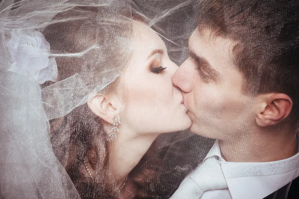 Novia y novio besándose bajo el velo sosteniendo ramo de flores en la mano. fondo negro —  Fotos de Stock