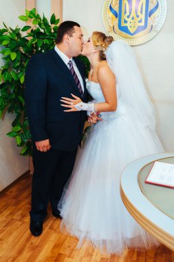 Düğün töreni. Kayıt ofisi. Bir yeni evli çift evlilik belgesi imzalar. Genç çift düğün belgelerin imzalanması