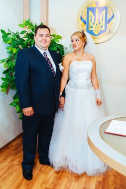 Düğün töreni. Kayıt ofisi. Bir yeni evli çift evlilik belgesi imzalar. Genç çift düğün belgelerin imzalanması