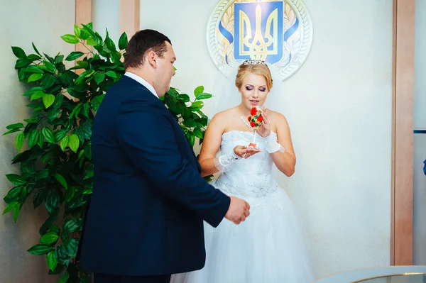 Une cérémonie de mariage. Bureau du greffe. Un couple nouvellement marié signe le document de mariage.Jeune couple signant les documents de mariage — Photo