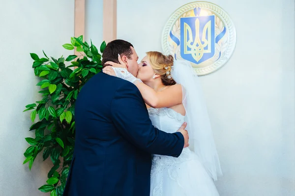 Une cérémonie de mariage. Bureau du greffe. Un couple nouvellement marié signe le document de mariage.Jeune couple signant les documents de mariage — Photo