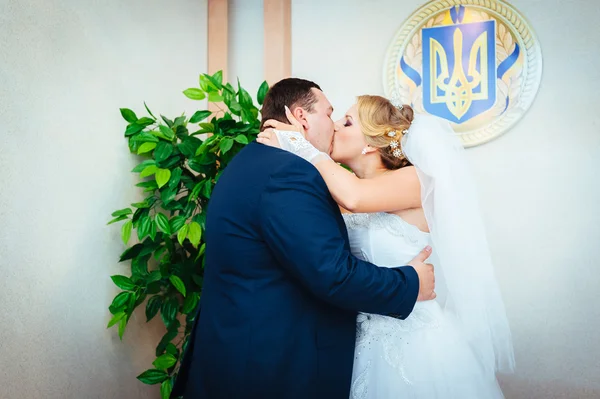 Une cérémonie de mariage. Bureau du greffe. Un couple nouvellement marié signe le document de mariage.Jeune couple signant les documents de mariage — Photo