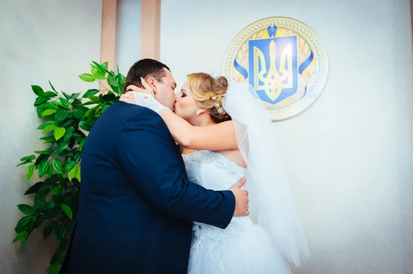 Une cérémonie de mariage. Bureau du greffe. Un couple nouvellement marié signe le document de mariage.Jeune couple signant les documents de mariage — Photo