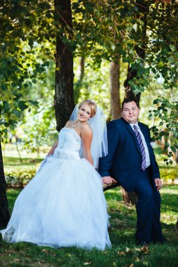 Gelin ve damat, düğün günü açık havada yürüyüş Doğa bahar. mutlu yeni evli kadın ve erkek yeşil park kucaklayan gelin çift. sevgi dolu evlilik çift açık