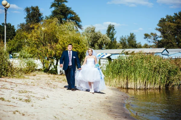 Liefdevolle bruidspaar, wandelen en kussen in de buurt van water — Stockfoto