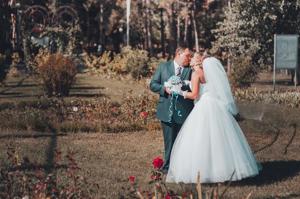 Menyasszony és a vőlegény az esküvő nap séta kint a tavaszi természet. Nászutas pár, boldog ifjú házasok, átfogó zöld park. — Stock Fotó
