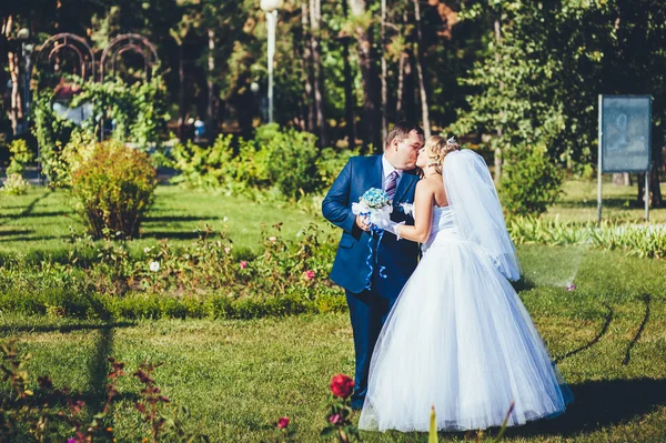 Novia y novio en el día de la boda caminando al aire libre en la naturaleza de primavera. Pareja nupcial, Feliz Recién casados abrazándose en el parque verde . — Foto de Stock