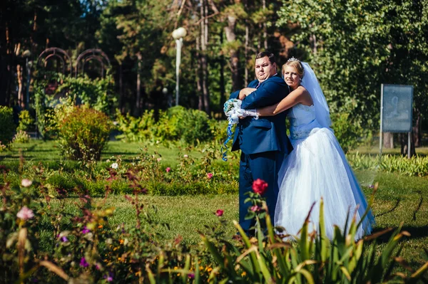 Bruden og brudgommen på bryllupsdagen går utendørs med vårnaturen. Bryllupspar, Happy Newlyweds omfavner i Green Park . – stockfoto