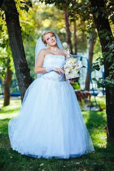 Красива наречена позує на вулиці в парку в день її весілля — стокове фото
