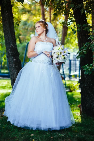 Beautiful bride posing outdoor at the park in her wedding day — Stock Photo, Image