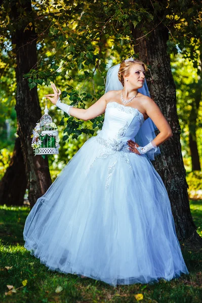 Beautiful bride posing outdoor at the park in her wedding day — Stock Photo, Image