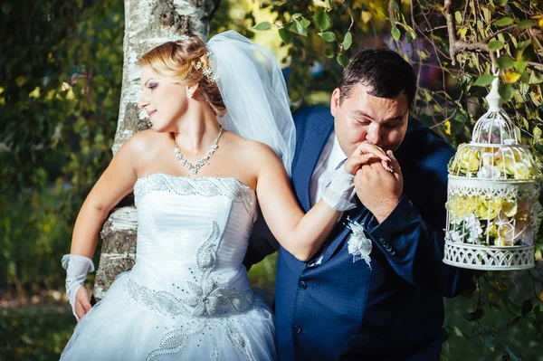 Mariée et marié le jour du mariage Promenade en plein air sur la nature printanière. Couple nuptial, Heureux jeunes mariés embrassant dans le parc vert . — Photo