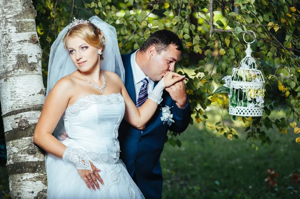 Nevěsty a ženicha na svatební den chůze venku na jarní přírody. Novomanželé šťastní novomanželé objímat v parku. — Stock fotografie