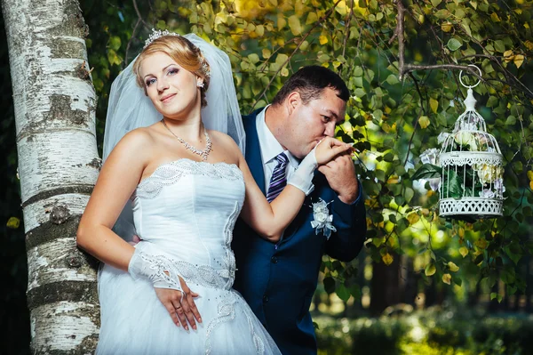 Bride and groom at wedding Day walking Outdoors on spring nature. Bridal couple, Happy Newlyweds embracing in green park. — Stock Photo, Image