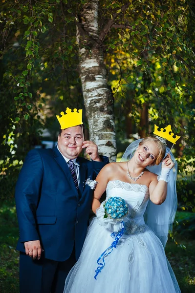 Novia y novio en el día de la boda caminando al aire libre en la naturaleza de primavera. Pareja nupcial, Feliz Recién casados abrazándose en el parque verde . —  Fotos de Stock