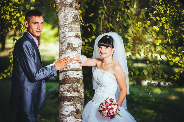 Nevěsty a ženicha na svatební den chůze venku na jarní přírody. Novomanželé, šťastný novomanželský žena a muž objímal v zeleném parku. milující venkovní svatební pár — Stock fotografie