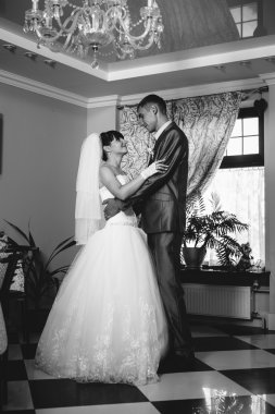 Güzel gelin ve damat onların düğün kutlama lüks bir restoranda üzerinde. Tarihte seven Çift