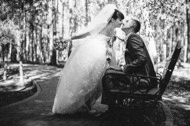 Gelin ve damat, düğün günü açık havada yürüyüş Doğa bahar. mutlu yeni evli kadın ve erkek yeşil park kucaklayan gelin çift. sevgi dolu evlilik çift açık