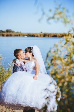 Gelin ve damat, düğün günü açık havada yürüyüş Doğa bahar. mutlu yeni evli kadın ve erkek yeşil park kucaklayan gelin çift. sevgi dolu evlilik çift açık